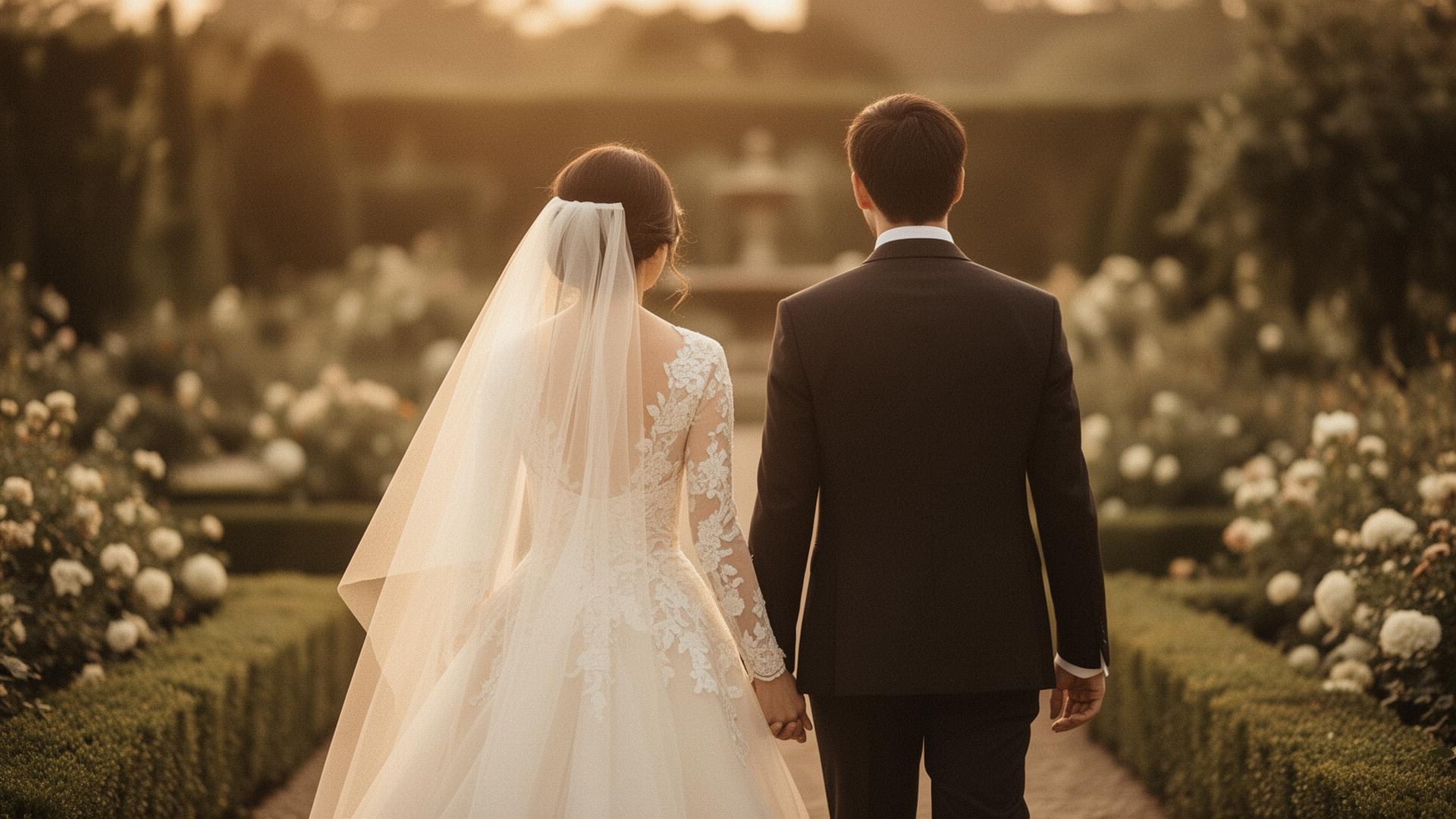 A bride and groom walking through a soft golden garden at sunset