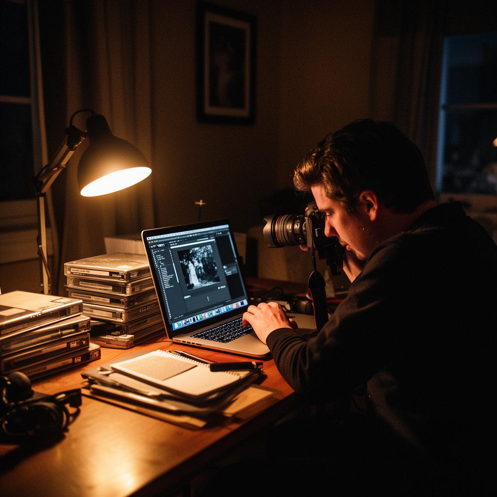 A wedding photographer editing a wedding film late at night